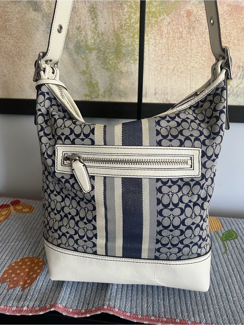 Coach Signature Canvas Stripe Hobo Duffle Bag in Navy and White - Picture 8 of 16